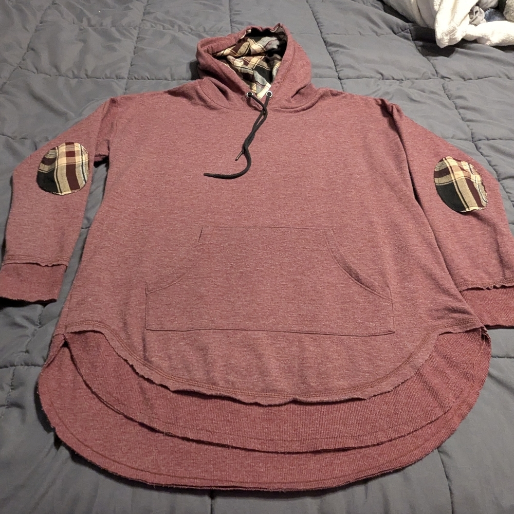 MAURICES Women's Heathered Maroon Hoodie with Plaid Accents Size Large